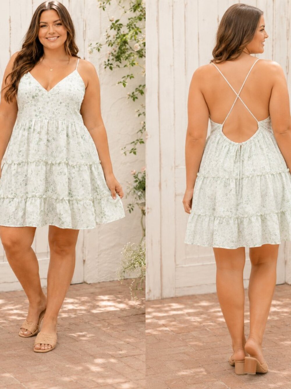 Altar'd State Daria Mini Dress Large NWT Ivory Sage Floral Open Back Tiered